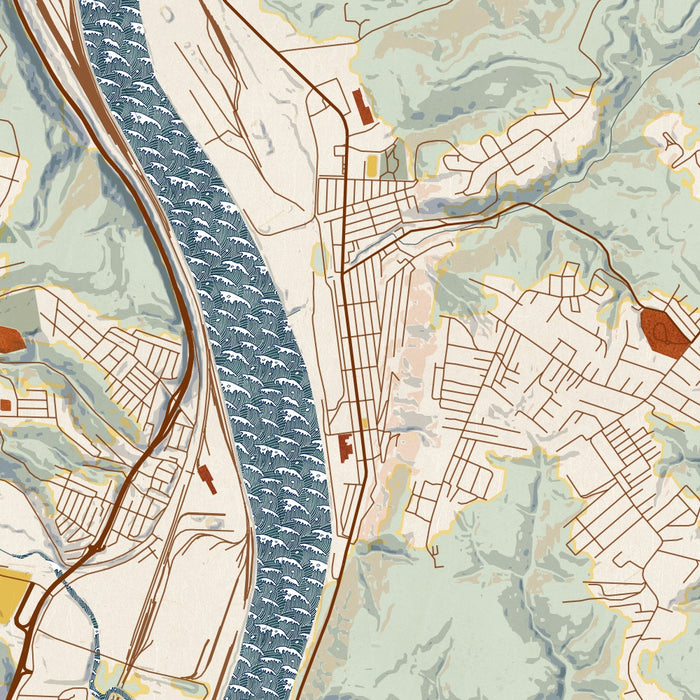 Follansbee West Virginia Map Print in Woodblock Style Zoomed In Close Up Showing Details