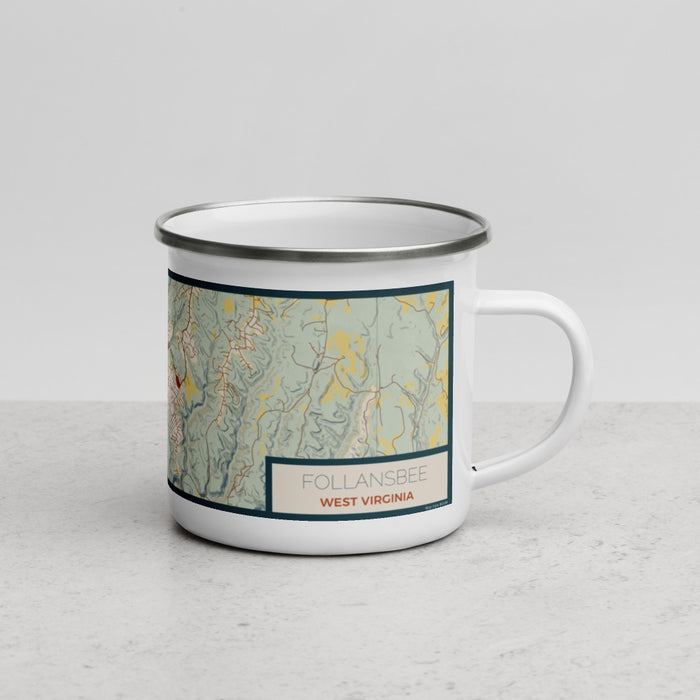 Right View Custom Follansbee West Virginia Map Enamel Mug in Woodblock