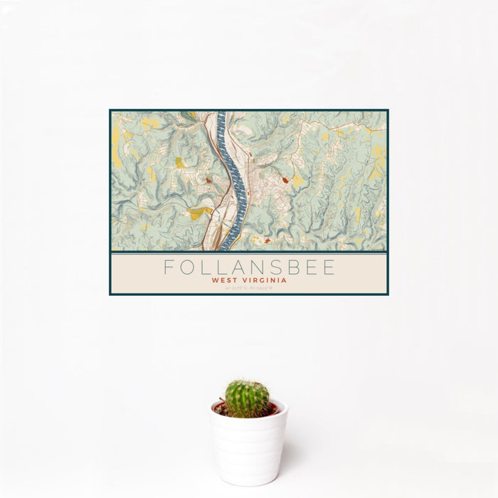 12x18 Follansbee West Virginia Map Print Landscape Orientation in Woodblock Style With Small Cactus Plant in White Planter