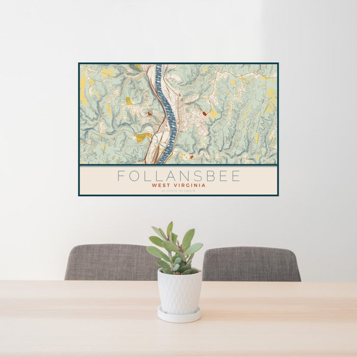 24x36 Follansbee West Virginia Map Print Landscape Orientation in Woodblock Style Behind 2 Chairs Table and Potted Plant