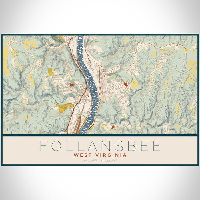 Follansbee West Virginia Map Print Landscape Orientation in Woodblock Style With Shaded Background