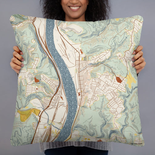 Person holding 22x22 Custom Follansbee West Virginia Map Throw Pillow in Woodblock