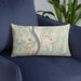 Custom Follansbee West Virginia Map Throw Pillow in Woodblock on Blue Colored Chair