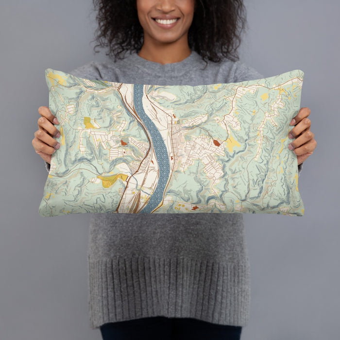 Person holding 20x12 Custom Follansbee West Virginia Map Throw Pillow in Woodblock