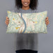 Person holding 20x12 Custom Follansbee West Virginia Map Throw Pillow in Woodblock