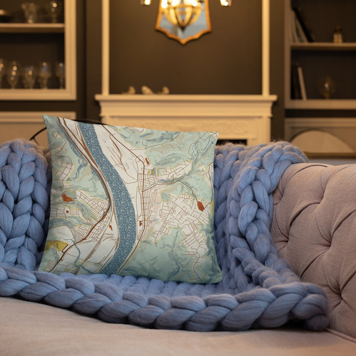 Custom Follansbee West Virginia Map Throw Pillow in Woodblock on Cream Colored Couch