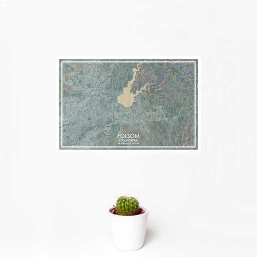 12x18 Folsom California Map Print Landscape Orientation in Afternoon Style With Small Cactus Plant in White Planter