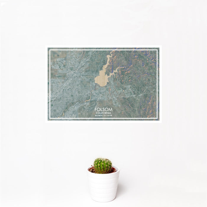 12x18 Folsom California Map Print Landscape Orientation in Afternoon Style With Small Cactus Plant in White Planter