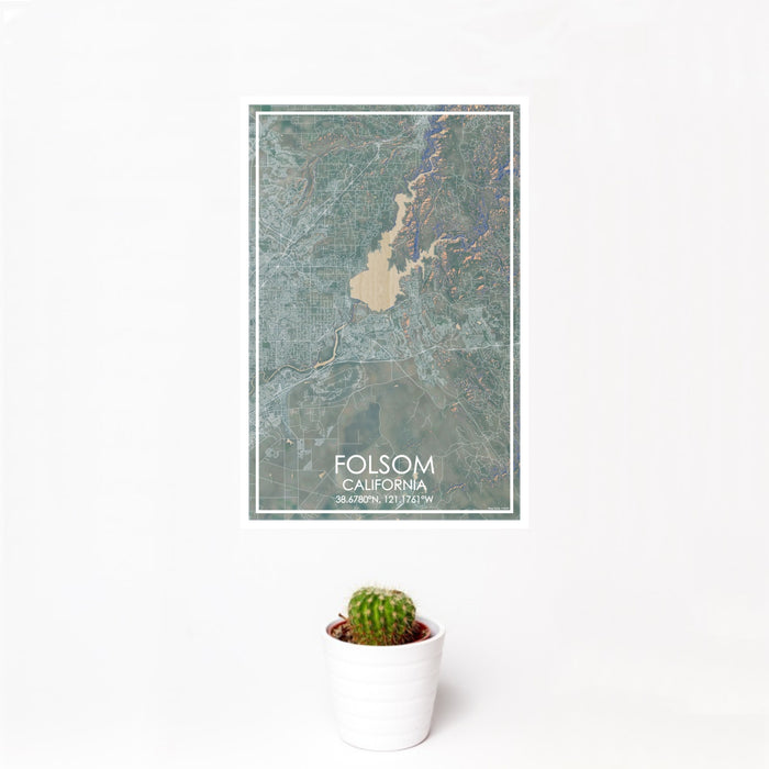 12x18 Folsom California Map Print Portrait Orientation in Afternoon Style With Small Cactus Plant in White Planter
