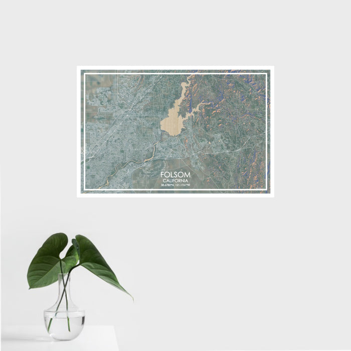 16x24 Folsom California Map Print Landscape Orientation in Afternoon Style With Tropical Plant Leaves in Water