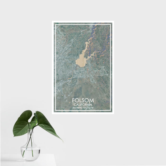 16x24 Folsom California Map Print Portrait Orientation in Afternoon Style With Tropical Plant Leaves in Water