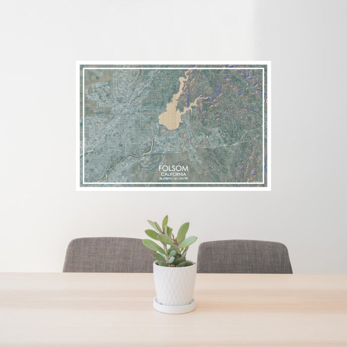 24x36 Folsom California Map Print Lanscape Orientation in Afternoon Style Behind 2 Chairs Table and Potted Plant
