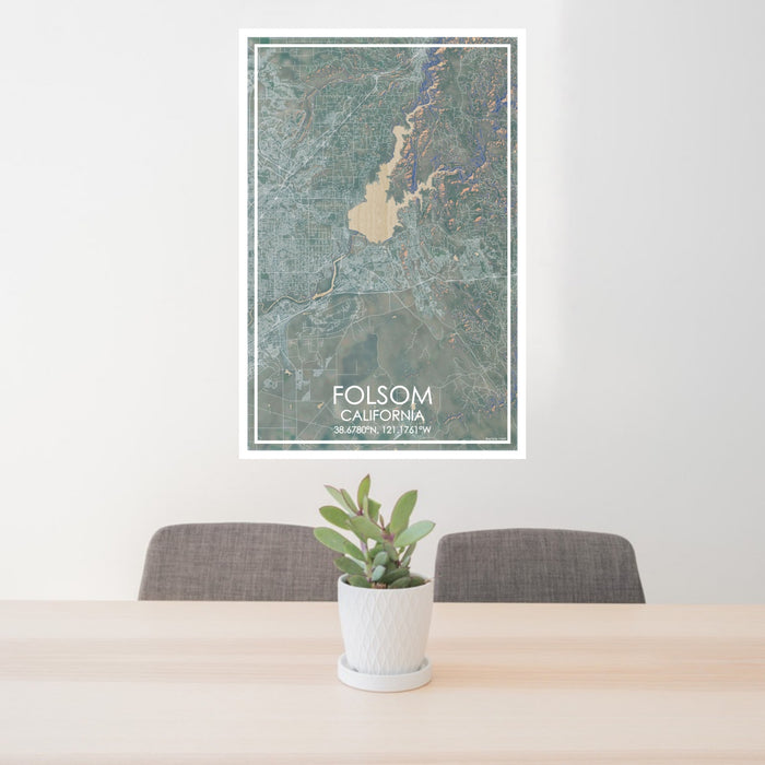 24x36 Folsom California Map Print Portrait Orientation in Afternoon Style Behind 2 Chairs Table and Potted Plant