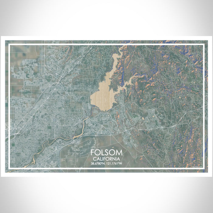 Folsom California Map Print Landscape Orientation in Afternoon Style With Shaded Background