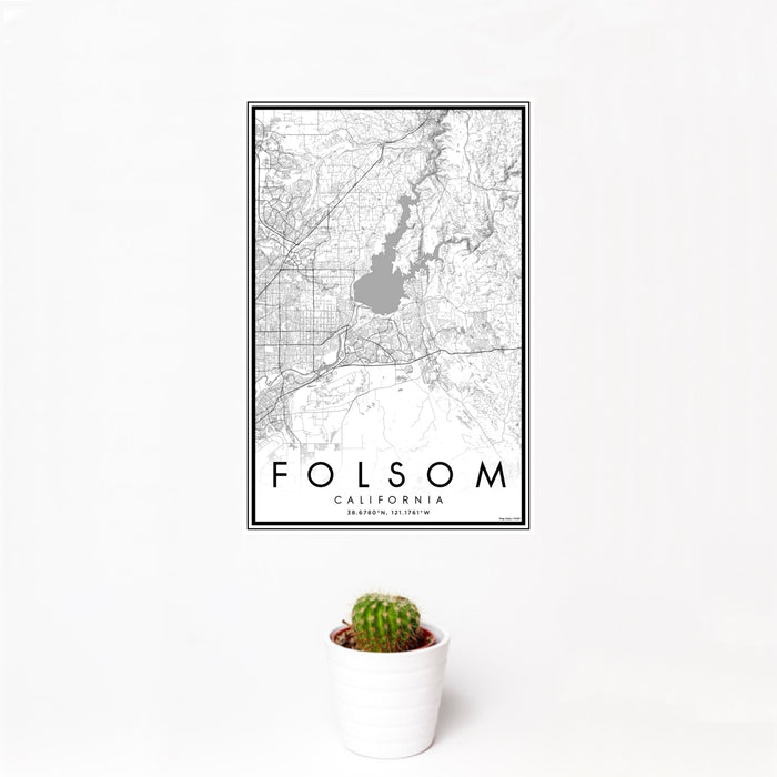 12x18 Folsom California Map Print Portrait Orientation in Classic Style With Small Cactus Plant in White Planter