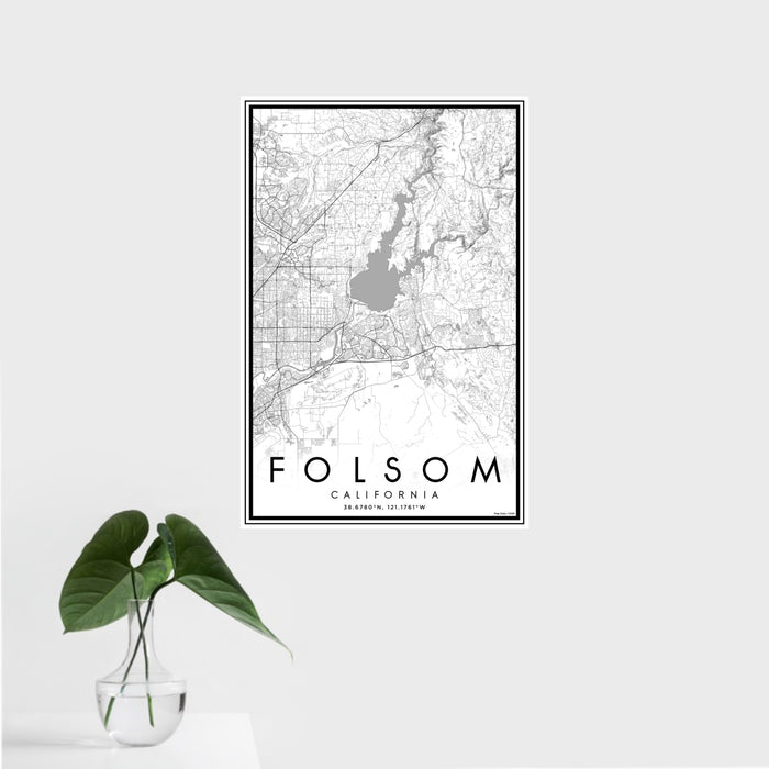 16x24 Folsom California Map Print Portrait Orientation in Classic Style With Tropical Plant Leaves in Water
