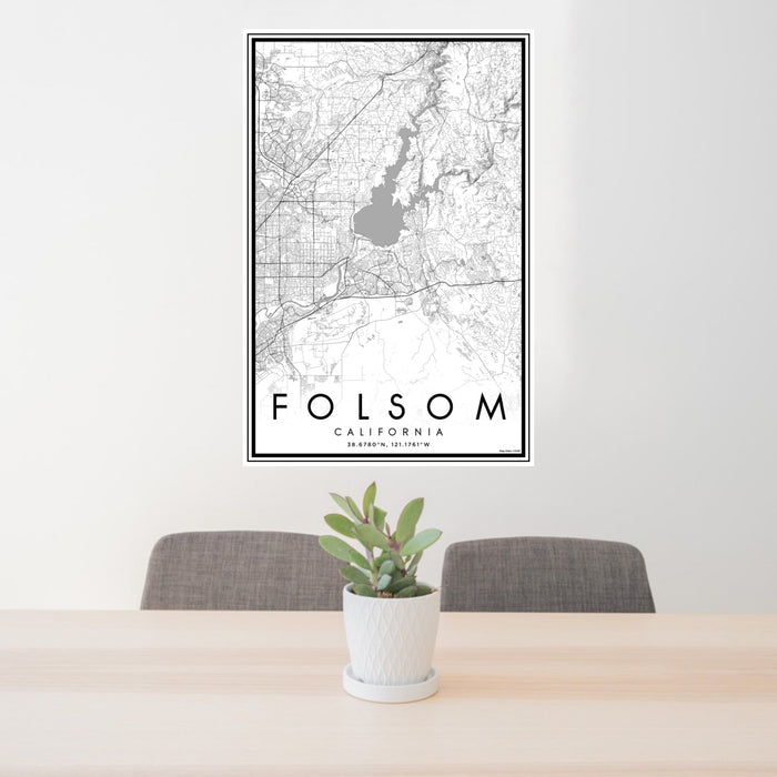 24x36 Folsom California Map Print Portrait Orientation in Classic Style Behind 2 Chairs Table and Potted Plant