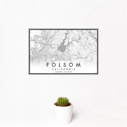 12x18 Folsom California Map Print Landscape Orientation in Classic Style With Small Cactus Plant in White Planter