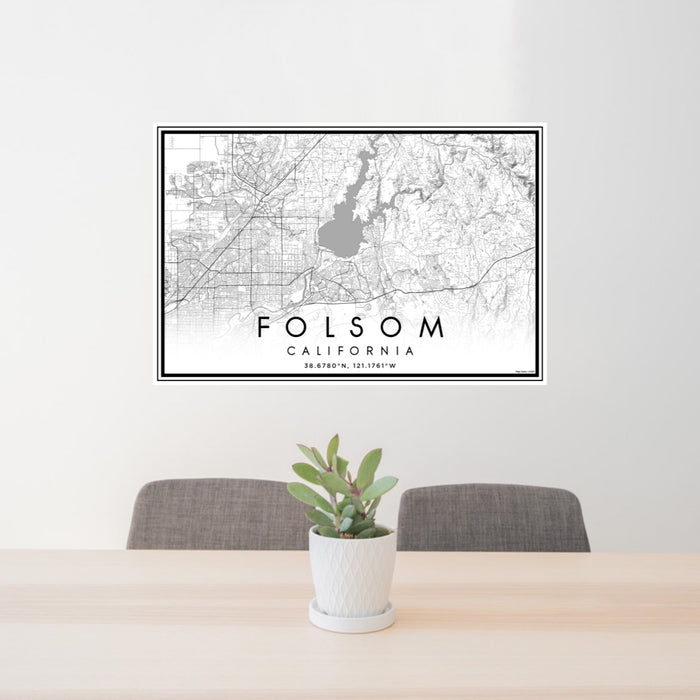 24x36 Folsom California Map Print Landscape Orientation in Classic Style Behind 2 Chairs Table and Potted Plant