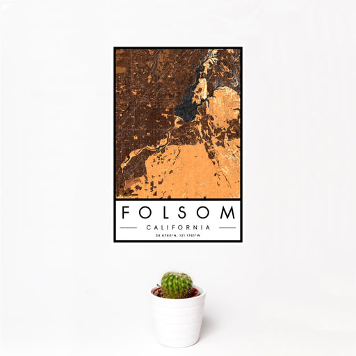 12x18 Folsom California Map Print Portrait Orientation in Ember Style With Small Cactus Plant in White Planter