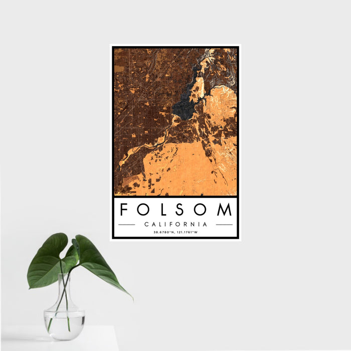 16x24 Folsom California Map Print Portrait Orientation in Ember Style With Tropical Plant Leaves in Water