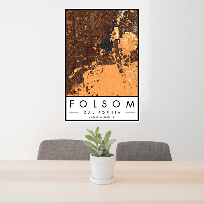 24x36 Folsom California Map Print Portrait Orientation in Ember Style Behind 2 Chairs Table and Potted Plant