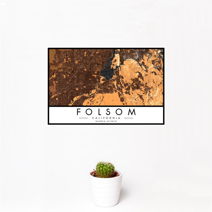 12x18 Folsom California Map Print Landscape Orientation in Ember Style With Small Cactus Plant in White Planter