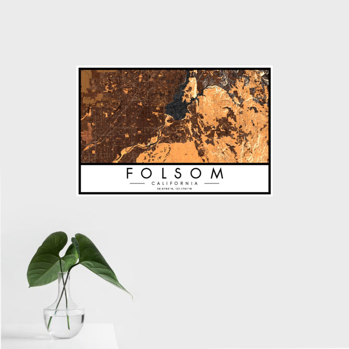 16x24 Folsom California Map Print Landscape Orientation in Ember Style With Tropical Plant Leaves in Water