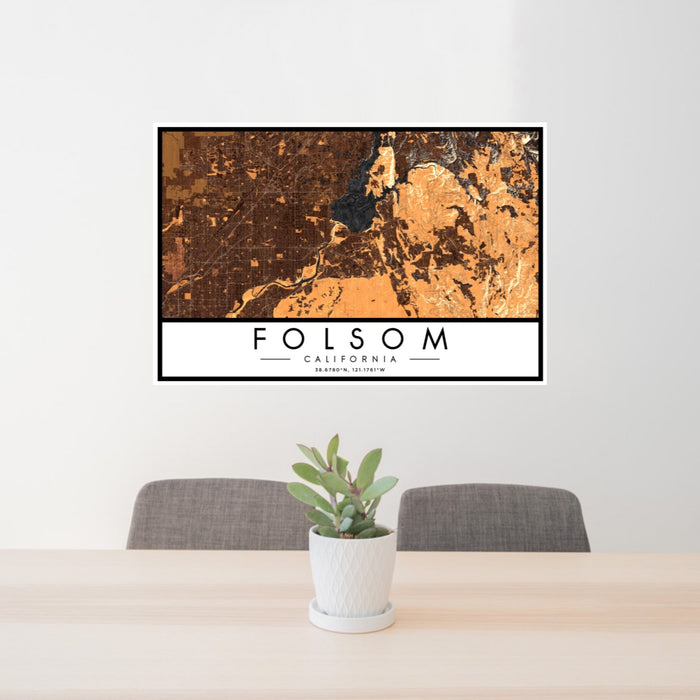 24x36 Folsom California Map Print Landscape Orientation in Ember Style Behind 2 Chairs Table and Potted Plant
