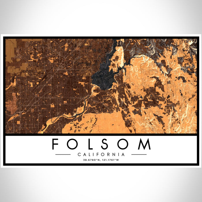Folsom California Map Print Landscape Orientation in Ember Style With Shaded Background