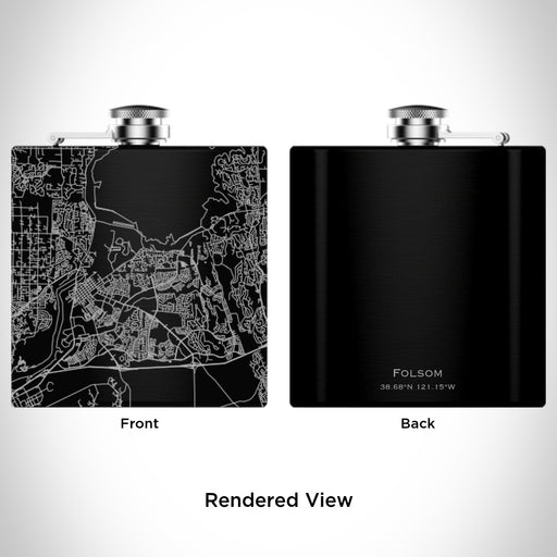 Rendered View of Folsom California Map Engraving on 6oz Stainless Steel Flask in Black