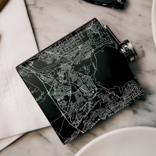 Folsom California Custom Engraved City Map Inscription Coordinates on 6oz Stainless Steel Flask in Black