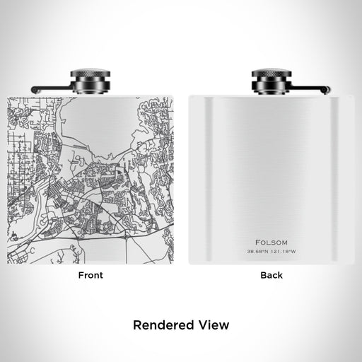 Rendered View of Folsom California Map Engraving on 6oz Stainless Steel Flask in White