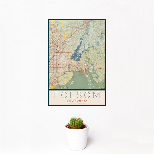 12x18 Folsom California Map Print Portrait Orientation in Woodblock Style With Small Cactus Plant in White Planter