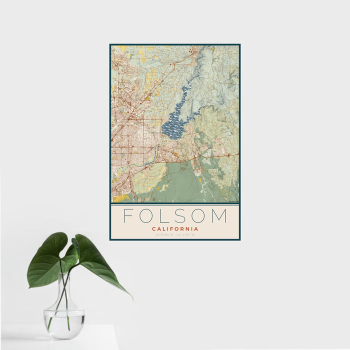16x24 Folsom California Map Print Portrait Orientation in Woodblock Style With Tropical Plant Leaves in Water