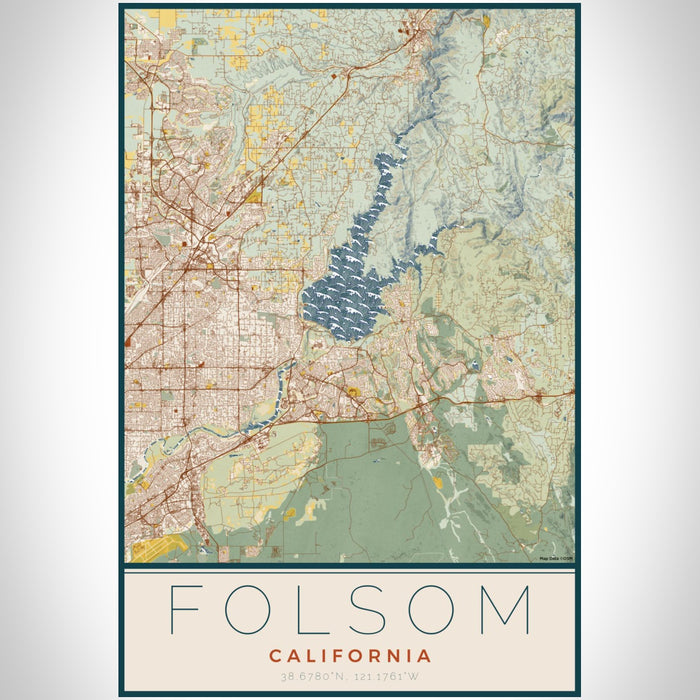 Folsom California Map Print Portrait Orientation in Woodblock Style With Shaded Background