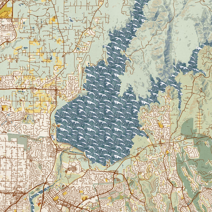 Folsom California Map Print in Woodblock Style Zoomed In Close Up Showing Details