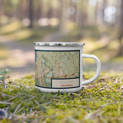 Right View Custom Folsom California Map Enamel Mug in Woodblock on Grass With Trees in Background