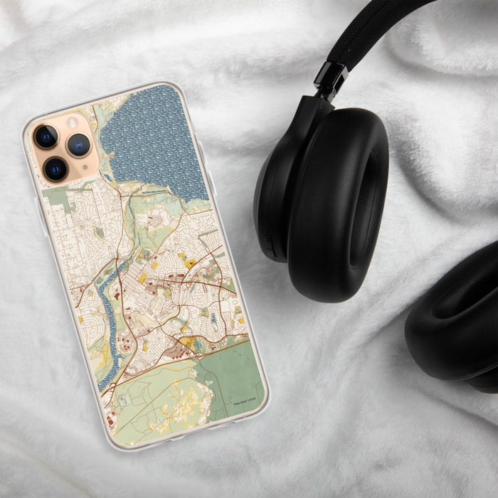 Custom Folsom California Map Phone Case in Woodblock on Table with Black Headphones