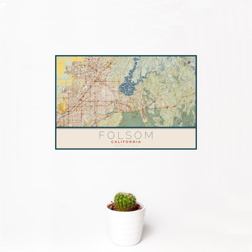 12x18 Folsom California Map Print Landscape Orientation in Woodblock Style With Small Cactus Plant in White Planter