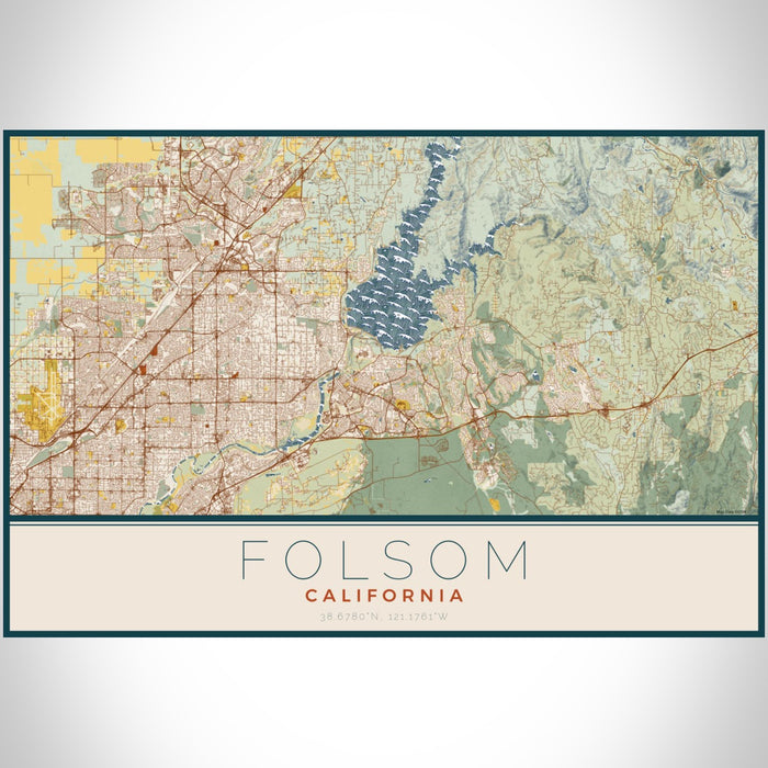 Folsom California Map Print Landscape Orientation in Woodblock Style With Shaded Background