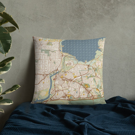 Custom Folsom California Map Throw Pillow in Woodblock on Bedding Against Wall