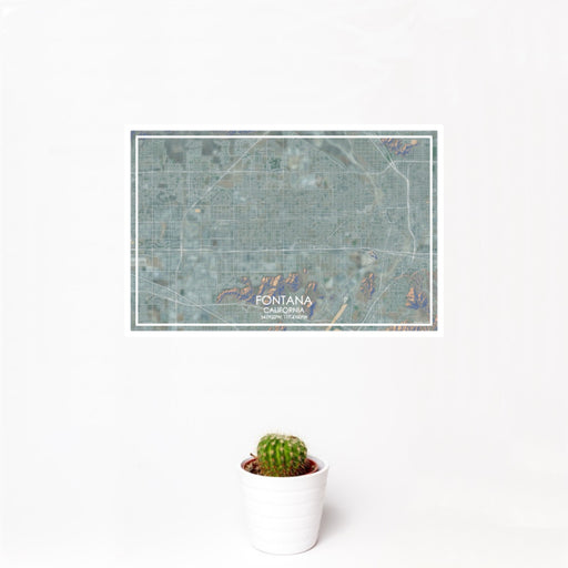 12x18 Fontana California Map Print Landscape Orientation in Afternoon Style With Small Cactus Plant in White Planter