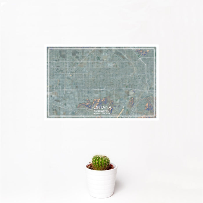 12x18 Fontana California Map Print Landscape Orientation in Afternoon Style With Small Cactus Plant in White Planter