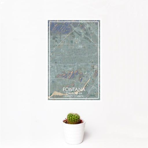 12x18 Fontana California Map Print Portrait Orientation in Afternoon Style With Small Cactus Plant in White Planter