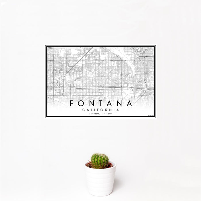 12x18 Fontana California Map Print Landscape Orientation in Classic Style With Small Cactus Plant in White Planter