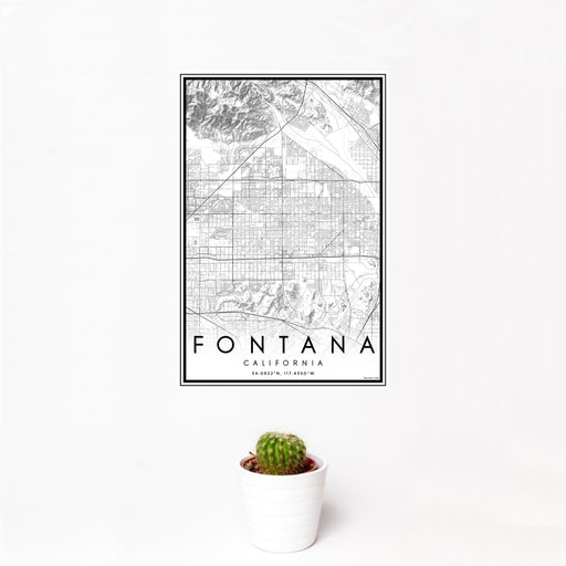 12x18 Fontana California Map Print Portrait Orientation in Classic Style With Small Cactus Plant in White Planter