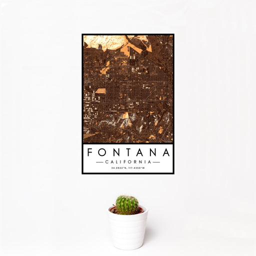 12x18 Fontana California Map Print Portrait Orientation in Ember Style With Small Cactus Plant in White Planter