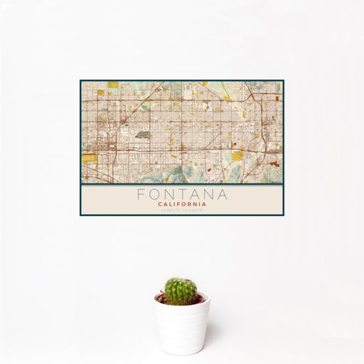 12x18 Fontana California Map Print Landscape Orientation in Woodblock Style With Small Cactus Plant in White Planter