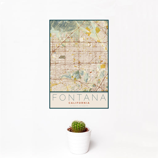 12x18 Fontana California Map Print Portrait Orientation in Woodblock Style With Small Cactus Plant in White Planter